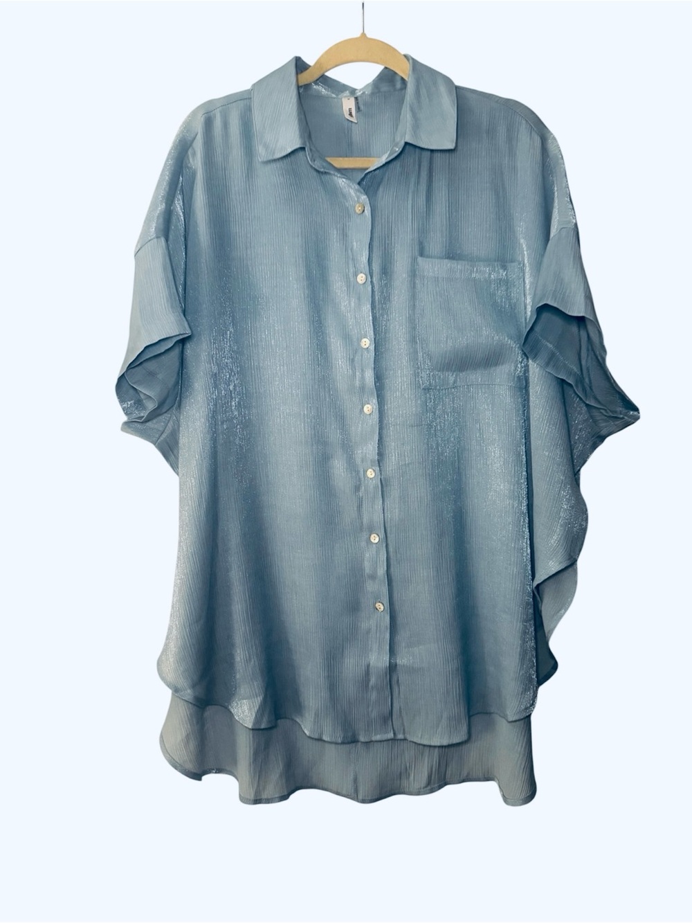 glam Pale Blue Oversized Textured Button-Front Shirt Size M